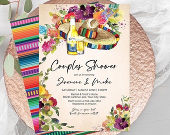 Fiesta Couples Shower Invitation, Editable Template, Mexican Bridal Shower Invite, Mexican Floral, Fiesta Invitation, Sombrero, Corjl 241