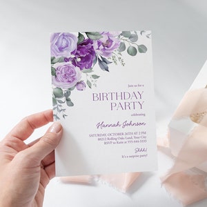 Purple Floral Birthday Party Invitation, Lavender Rose Woman's Birthday Invite, Boho, Lilac, Violet, Plum, DIY Editable Template