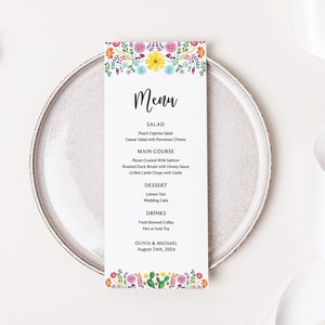 Tarjeta de menú de boda Fiesta, decoración de mesa de recepción, menú de despedida de soltera floral mexicana, decoración de boda, plantilla editable DIY 353