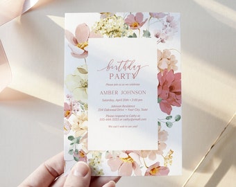 Blush Pink Floral Birthday Party Invitation, Spring Floral Woman's Birthday Invite, Garden Blooms, Cottage Floral, DIY Editable Template 274