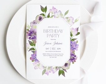 Lavender Floral Birthday Party Invitation, Woman's Birthday Invite, Purple Flower Blossoms, Cottage Floral, DIY Editable Template 427