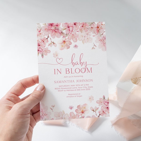 Cherry Blossoms Baby In Bloom Invitation, Sakura Blossoms Baby Shower Invite, Pink Baby Girl Invite, Spring Floral DIY Editable Template 190