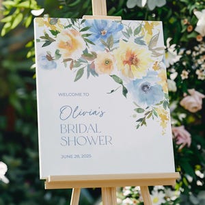 Modello di cartello di benvenuto floreale blu e giallo, 24x30, poster di benvenuto floreale primaverile, decorazione per addio al nubilato boho, decorazione per festa di compleanno 196