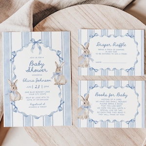 Suite d'invitations pour baby shower avec lapin bleu, lot à imprimer avec demandes de livre et cartes de tombola de couches, modèles modifiables pour shower de bébé 179