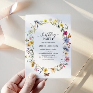 Wildflower Birthday Party Invitation, Meadow Floral Birthday Invite, Field Flowers, Cottagecore, DIY Editable Template 383