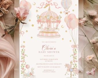 Fairytale Baby Shower Invitation, Carousel Baby Girl Invite, Carousel Horse Couples Shower Invite, Balloons Bow, DIY Editable Template 147