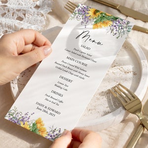Carte de menu de mariage tournesol et lilas, décoration de table de réception florale d'été bohème, menu de douche nuptiale, rustique, modèle modifiable bricolage 148