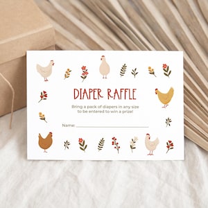 Huhn Windel Tombola Ticket Vorlage, Bauernhof Babyparty Einladung Insert Karte, Barnyard Tier Baby Shower Spiel Aktivität 320