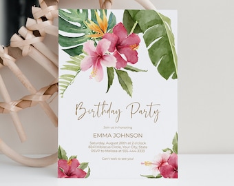 Tropical Floral Birthday Party Invitation, Hibiscus Flowers Birthday Invite, Summer Birthday Invite, Pink Floral, DIY Editable Template 189