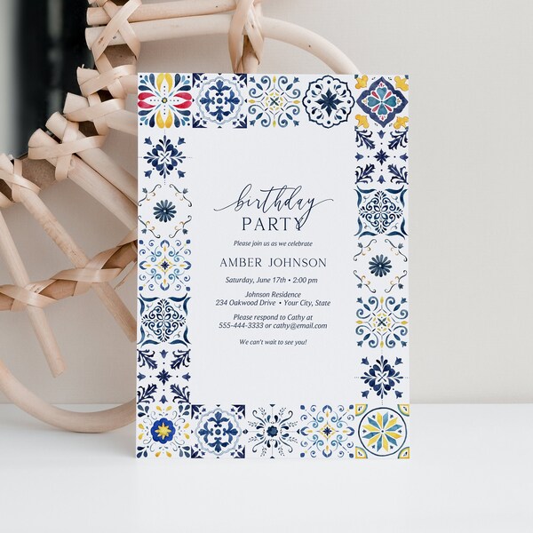 Blue and White Tile Birthday Party Invitation, Mediterranean Woman's Birthday Invite, Tuscan Themed Invite, DIY Editable Template 415