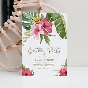 Tropical Floral Birthday Party Invitation, Hibiscus Flowers Birthday Invite, Summer Birthday Invite, Pink Floral, DIY Editable Template 189
