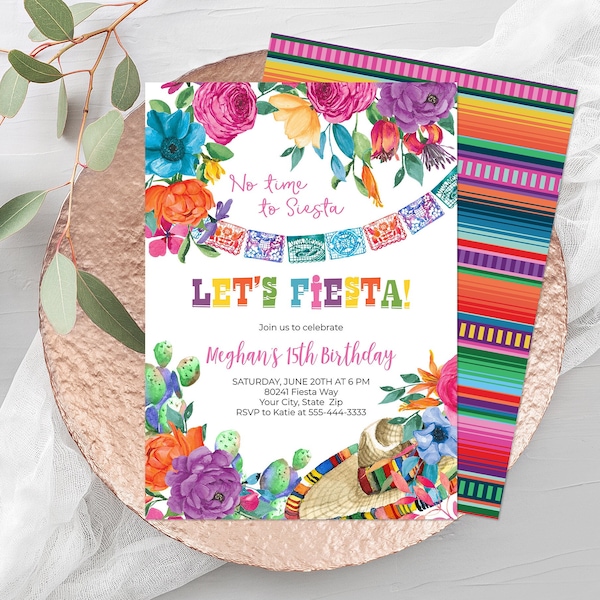 Fiesta Birthday Party Invitation, Editable Template, Let’s Fiesta Invitation, Mexican Floral Birthday Invite, Mexican Theme Party, Corjl 241