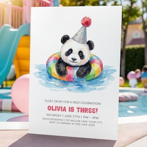 May include: A white rectangular birthday invitation card featuring a watercolor illustration of a panda wearing a silver party hat inside a colorful striped pool float. The text reads: FLOAT ON BY FOR A WILD CELEBRATION! OLIVIA IS THREE! SATURDAY | JUNE 27TH | 1PM - 4PM DAVIS RESIDENCE | 123 WILLOW LANE, YOUR CITY RSVP TO HANNAH AT 555-444-3333.