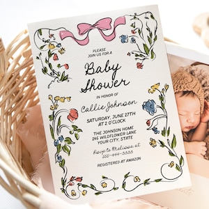 Hand Drawn Floral Baby Shower Invitation, Whimsical Baby Brunch Invite, Quirky Couples Shower Invite, Colorful, DIY Editable Template 245