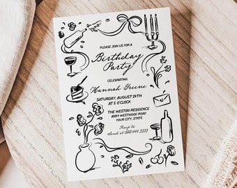 Handwritten Birthday Party Invitation, Whimsical Woman's Birthday Invitation, Quirky Birthday Invite, Hand Drawn, DIY Editable Template 314
