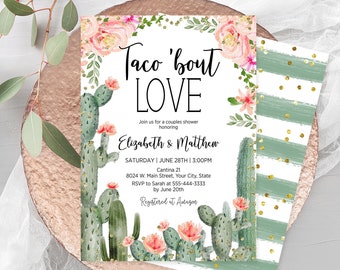 Cactus Bridal Shower Invitation, Editable Template, Taco ‘Bout Love Invitation, Fiesta Couples Shower Invite, Blush Pink Floral Corjl 236