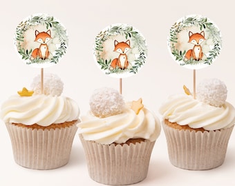 Fox Cupcake Toppers, Printable, Woodland Animal Baby Shower Decoration, Favor Tags, Favor Labels, Favor Stickers, Greenery Forest Animal 416