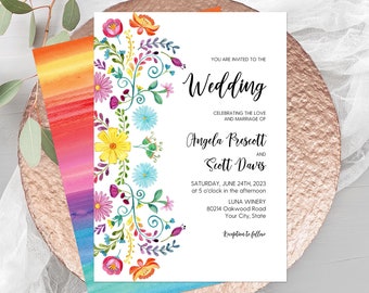 Mexican Floral Wedding Invitation, Fiesta Wedding Invite, Colorful Flowers, Destination Wedding, Southwestern, DIY Editable Template 353