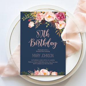 Boho 80th Birthday Party Invitation, Bohemian Birthday Invite, Blush Rose, Rose Gold, Navy and Pink Floral, Eighty, DIY Corjl Template 265