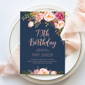 Boho 70th Birthday Party Invitation, Bohemian Birthday Invite, Blush Rose, Rose Gold, Navy and Pink Floral Seventy DIY Editable Template 265