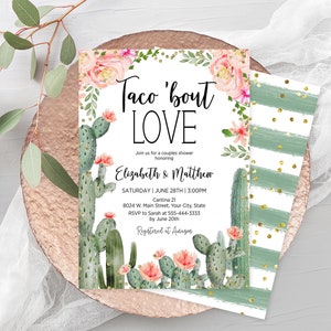 Cactus Bridal Shower Invitation, Editable Template, Taco ‘Bout Love Invitation, Fiesta Couples Shower Invite, Blush Pink Floral Corjl 236