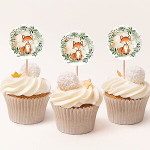 Topper per cupcake a forma di volpe, stampabili, decorazione per baby shower con animali del bosco, etichette per bomboniere, etichette per bomboniere, adesivi per bomboniere, animali della foresta verde 416