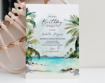 Invitation à une fête d’anniversaire tropicale, invitation d’anniversaire côtière, paysage marin, invitation à une fête sur le thème de l’océan, paradis, modèle modifiable DIY PLAGE