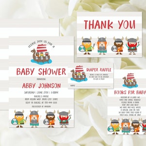 Wikinger-Babyparty-Einladungsset, Bücher für Baby, Windelraffle, Dankeskarte, Wikinger-Leute, Wikingerschiff, DIY bearbeitbare Vorlage 101