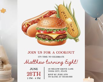 Cookout Invitation Template, Summer BBQ, Corjl Template, Burger Hotdog Corn, Birthday Party Invitation, Editable Invite