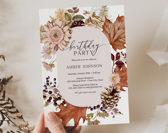 Autumn Floral Birthday Party Invitation, Fall Woman's Birthday Invite, Fall Foliage, Leaves, Pinecones, Squash, DIY Editable Template 284