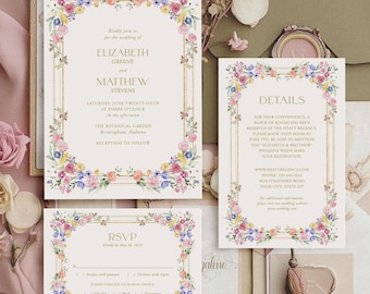 Elegant Wildflowers Wedding Invitation Suite, Spring Floral Wedding Set, Garden Wedding Invite, Cottage Floral, Editable Template 106