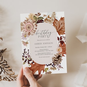 Autumn Floral Birthday Party Invitation, Fall Woman's Birthday Invite, Fall Foliage, Leaves, Pinecones, Squash, DIY Editable Template 284