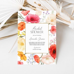 Poppy Bridal Shower Invitation, Garden Floral Bridal Brunch Invite, Summer Floral, Colorful Flowers, Boho, DIY Editable Template 294