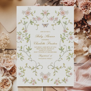 Chinoiserie Baby Shower Invitation Template, Editable Printable Shower Invite with Pastel Florals, Garden-Inspired Design 252