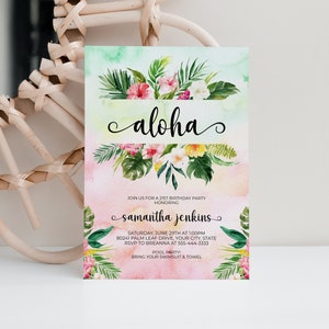 Aloha Birthday Party Invitation, Tropical Birthday Invite, Any Age, Teen, Adult, Tropical Greenery, Hibiscus, Editable Corjl Template 275