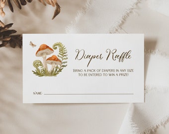 Red Mushroom Diaper Raffle Ticket, Forest Baby Shower Invitation Insert Card, Woodland Shower Activity, Game, DIY Editable Template 282