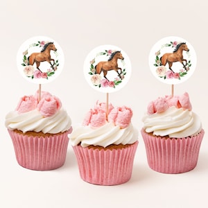 Galloping Horse Cupcake Toppers, Instant Download, Pink Floral Birthday Party Favor Tags, Favor Labels, Favor Stickers Horse Party Decor 226