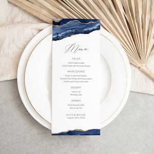 Navy Blue and Gold Agate Wedding Menu Card, Reception Table Decor, Bridal Shower Menu, Marble, Geode, Stone, Editable Corjl Template 361
