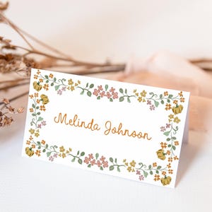 Autumn Floral Place Card Template, Folded Pumpkin Name Card Printable, Editable Seating Card, Instant Download 206