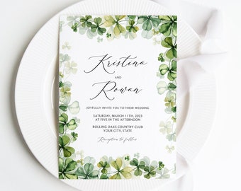 St. Patrick's Day Wedding Invitation, Irish Wedding Invite, Shamrock Wedding Invite, Clover, DIY Editable Template 406