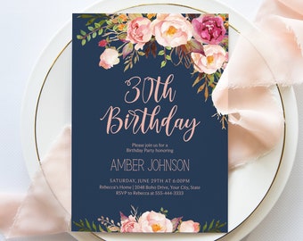 Boho 30th Birthday Party Invitation, Any Age, Bohemian Birthday Invite, Blush, Rose Gold, Navy and Pink Floral, DIY Editable Template 265