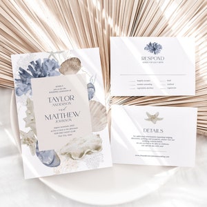 Conjunto de invitaciones de boda oceánicas, conjunto de invitaciones de boda playeras, boda en el mar neutro, conchas marinas, coral, azul y tostado, plantilla editable DIY 205