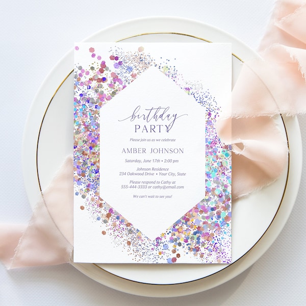 Glitter Holographic Birthday Party Invitation, Glam Birthday Invite, Confetti Party Invitation, Lavender, DIY Editable Template 305