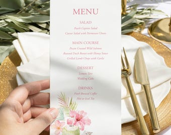 Plantilla de menú de boda editable, tarjeta de menú para despedida de soltera tropical, cena de boda de destino, menú de verano imprimible Corjl 180