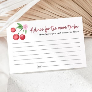 Carte de visite MODIFIABLE Cerise pour la future maman, Carte de conseils pour bébé Cerise sur le dessus, Modèle modifiable DIY d'activité de jeu de baby shower de cerises 235