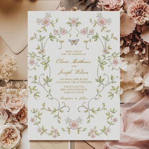 Rosa Chinoiserie Hochzeitseinladung, Vintage Blumenhochzeitseinladung, Regency-Ära, Blush Blumen, formal, DIY bearbeitbare Vorlage 252