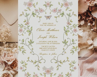 Pink Chinoiserie Wedding Invitation, Vintage Floral Wedding Invitation, Regency Era, Blush Flowers, Formal, DIY Editable Template 252