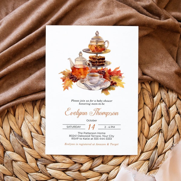 Autumn Bridal Shower Tea Party Invitation, Fall Foliage Bridal Tea Party Invite, Wedding Shower, Brunch Invitation, DIY Editable Template