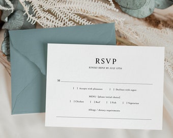 Tarjeta de respuesta de boda moderna, tarjeta de respuesta minimalista, tarjeta de respuesta, tarjeta de invitación de boda con inserción, opción de comida, plantilla editable de bricolaje WH