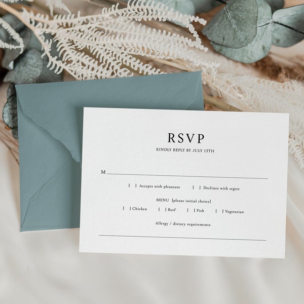 Modern Wedding RSVP Card, Minimalist Response Card, Reply Card, Wedding Invitation Inset Card, Meal Choice, DIY Editable Template WH